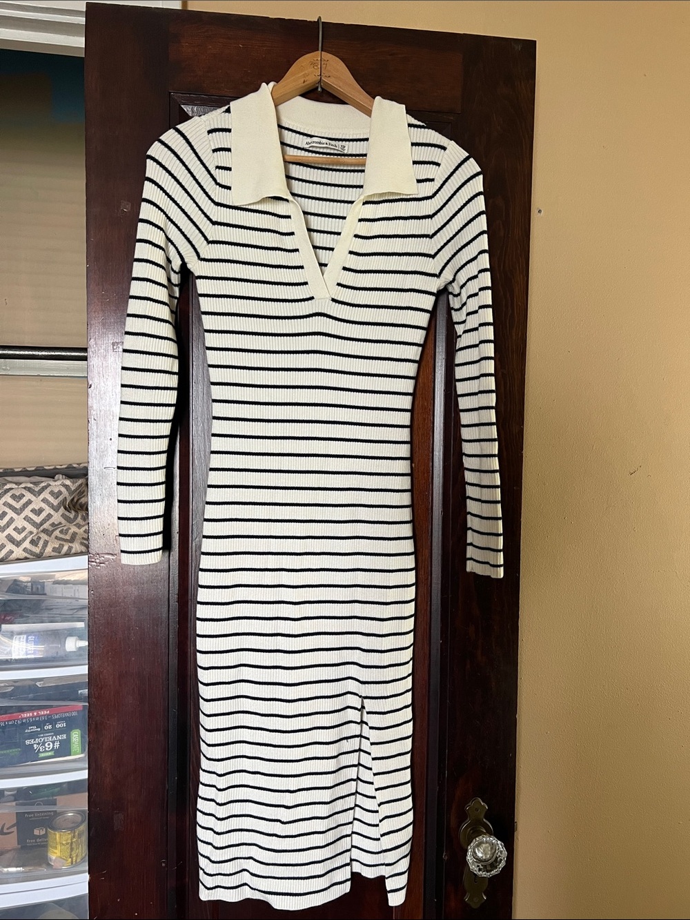 Abercrombie & Fitch Navy and White Striped Collared Midi Dress